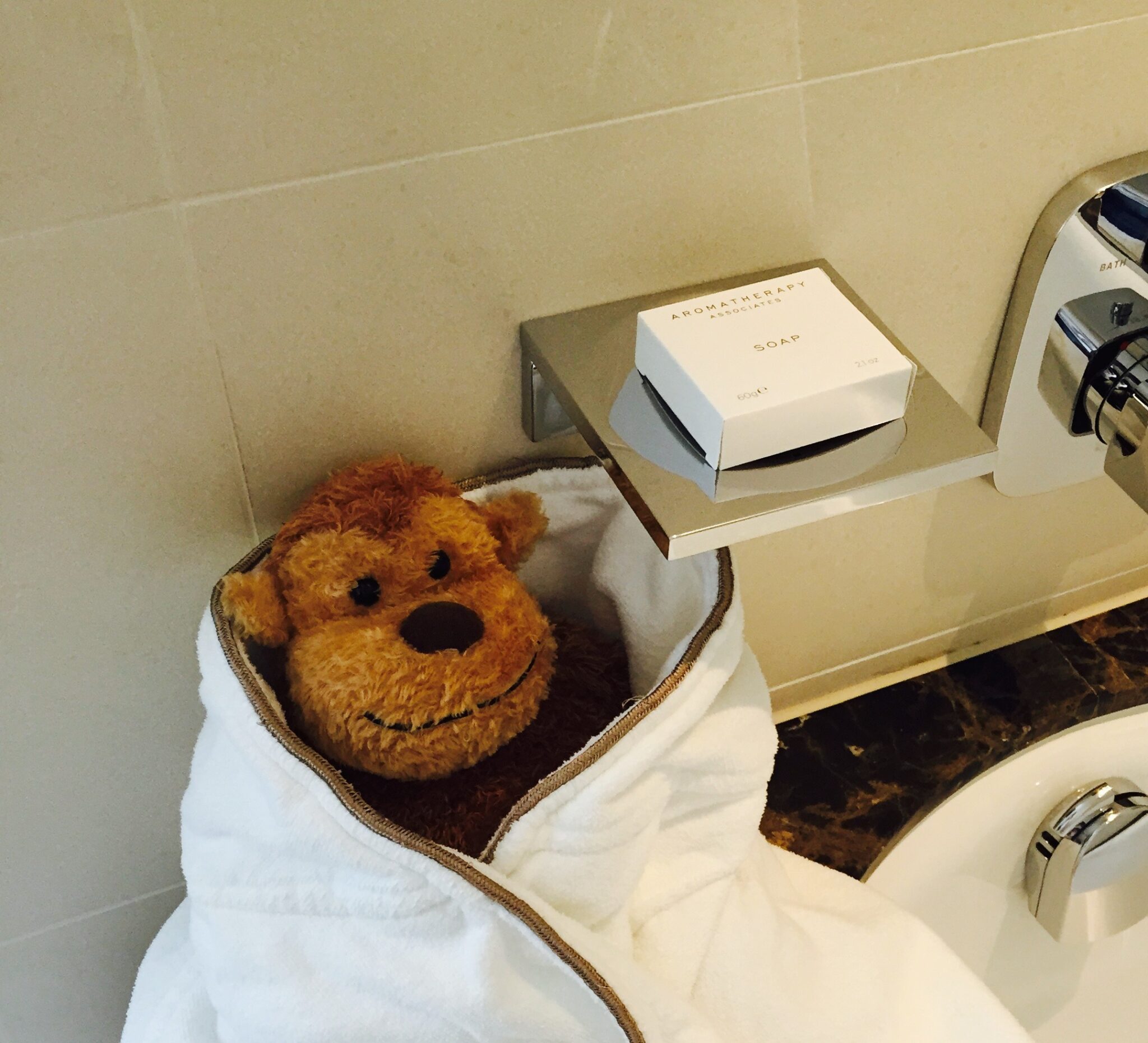 a stuffed animal in a towel