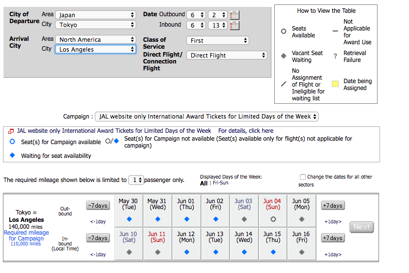 How to find Japan Airlines award space