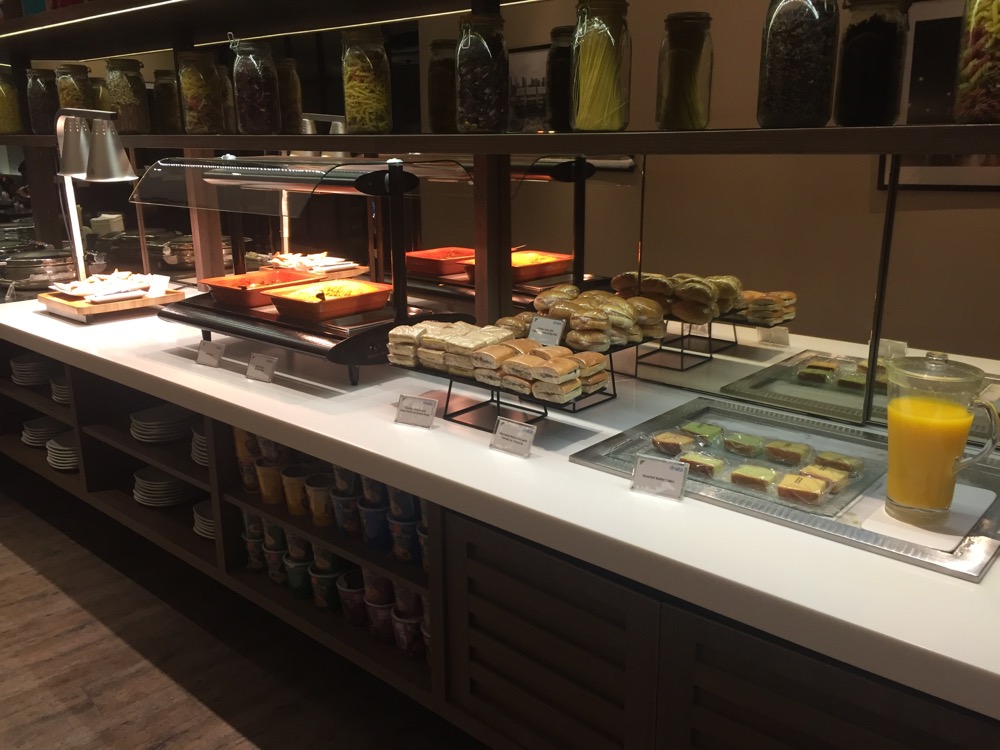 a buffet with food on it