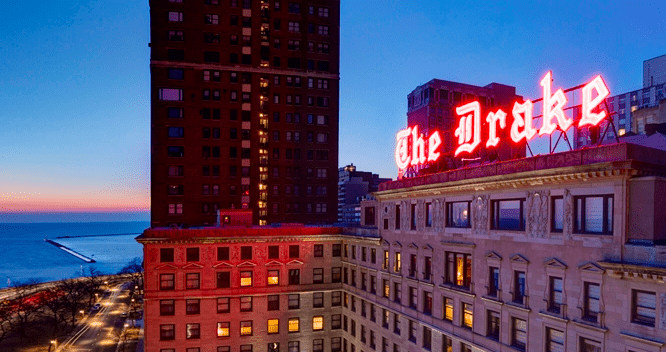a building with a red sign