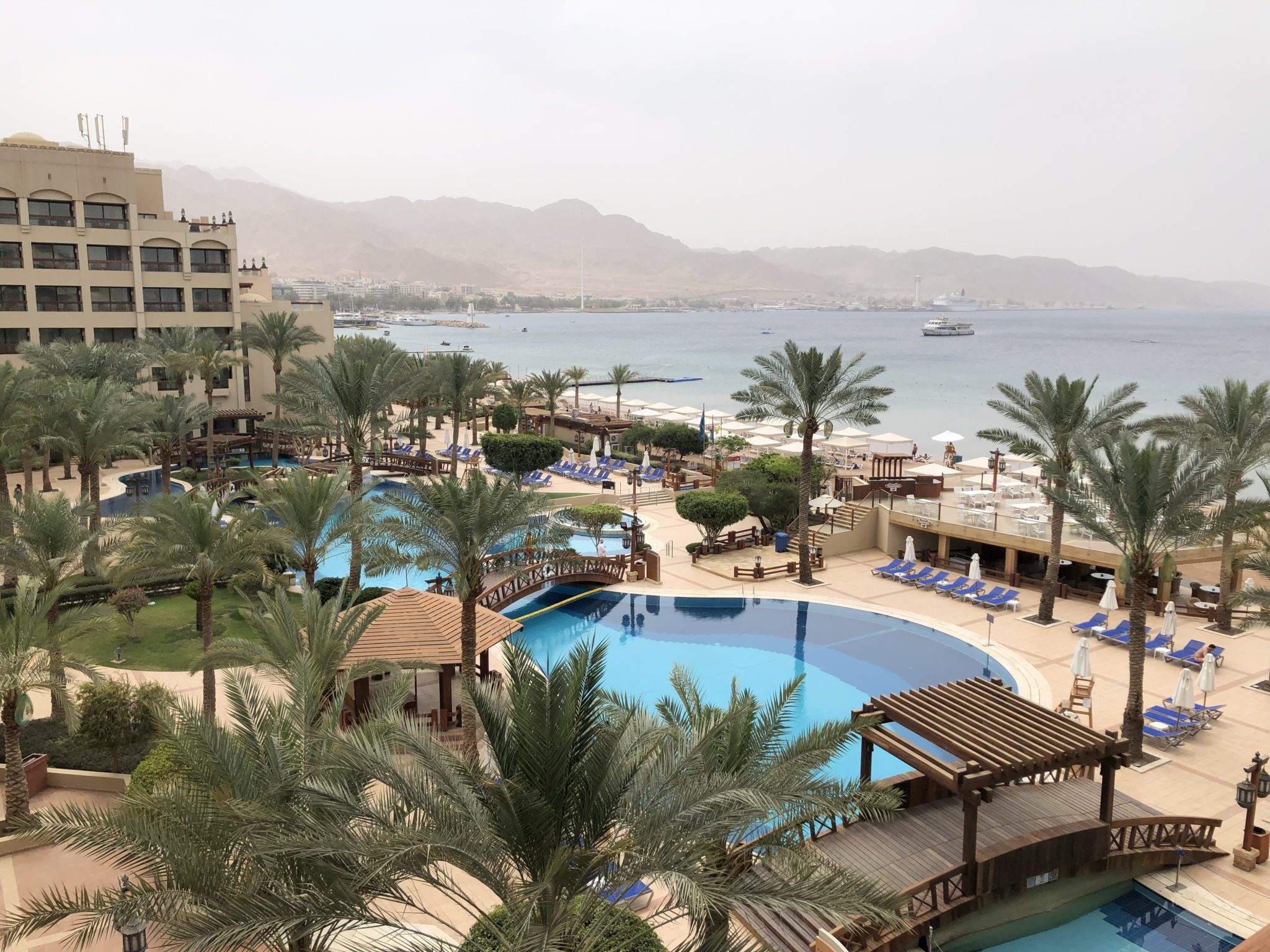 a swimming pool with palm trees and a beach in the background
