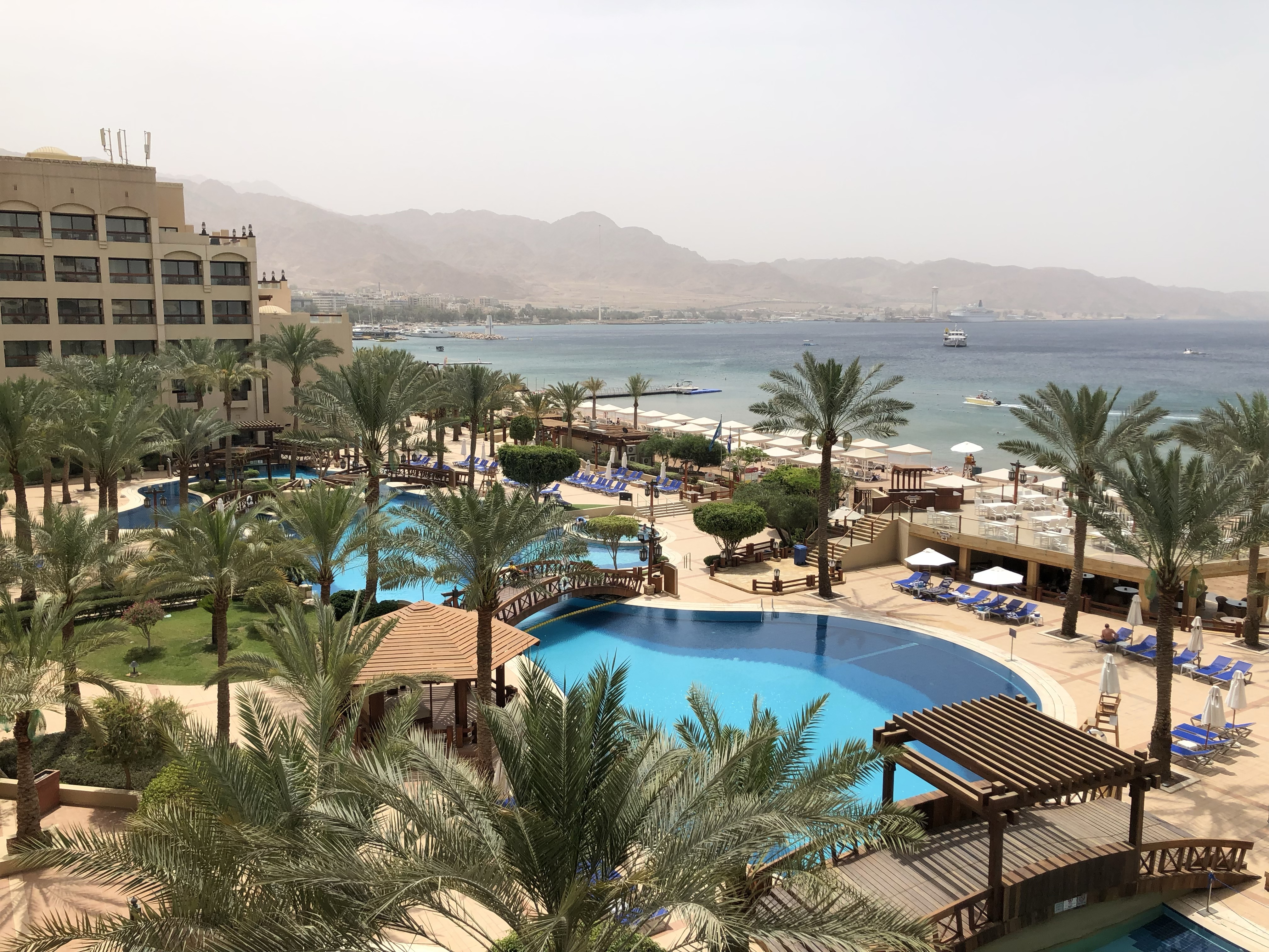 a swimming pool with palm trees and buildings and mountains in the background