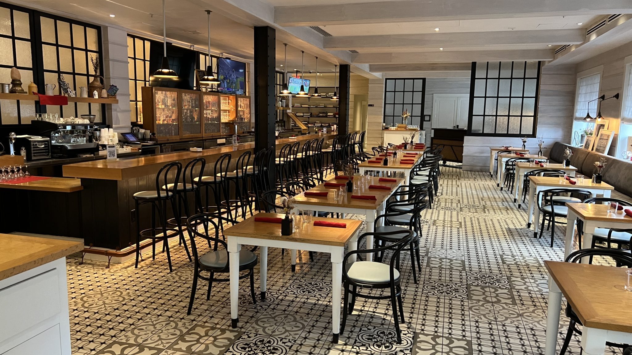 a room with tables and chairs