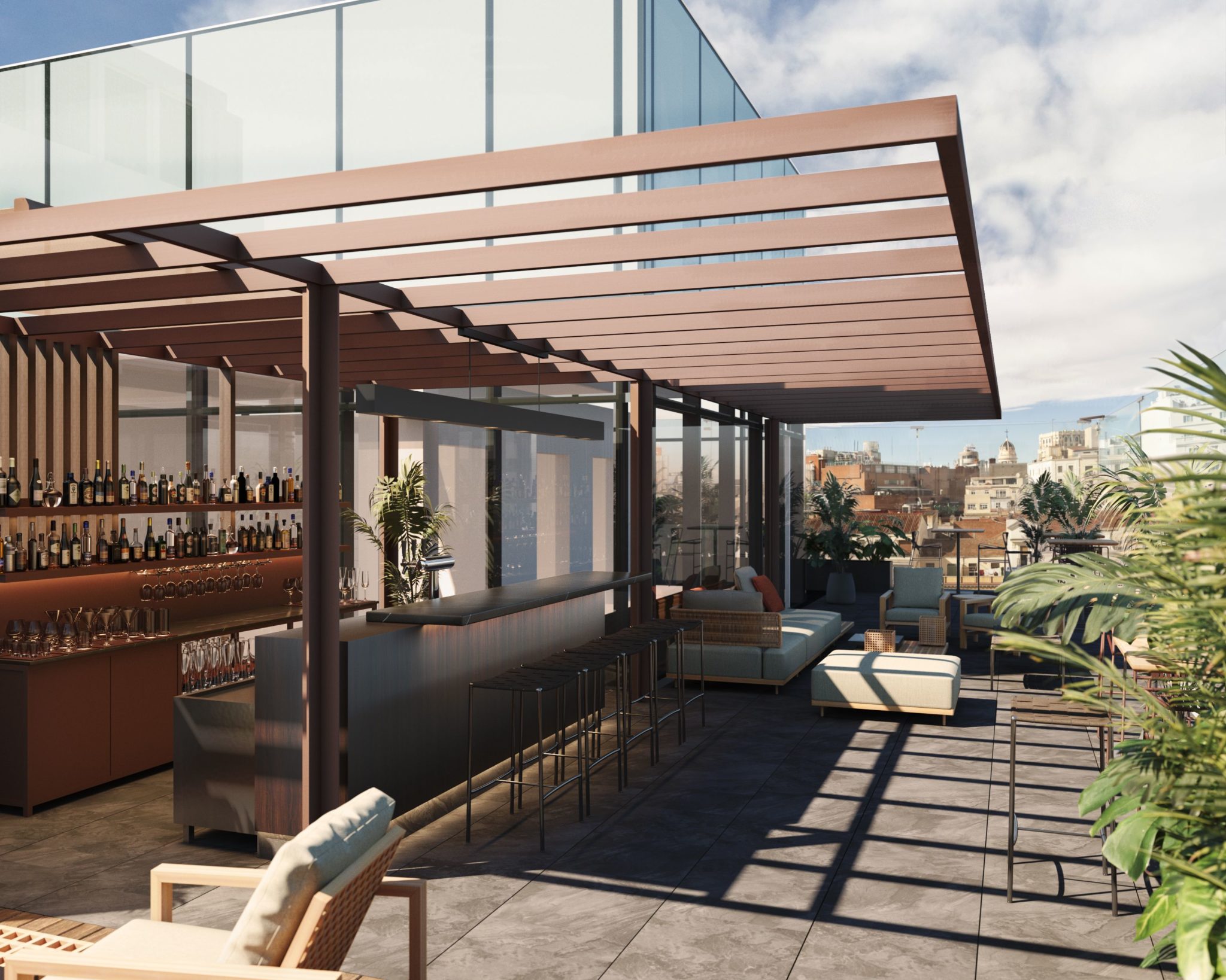 a rooftop bar with a bar and chairs