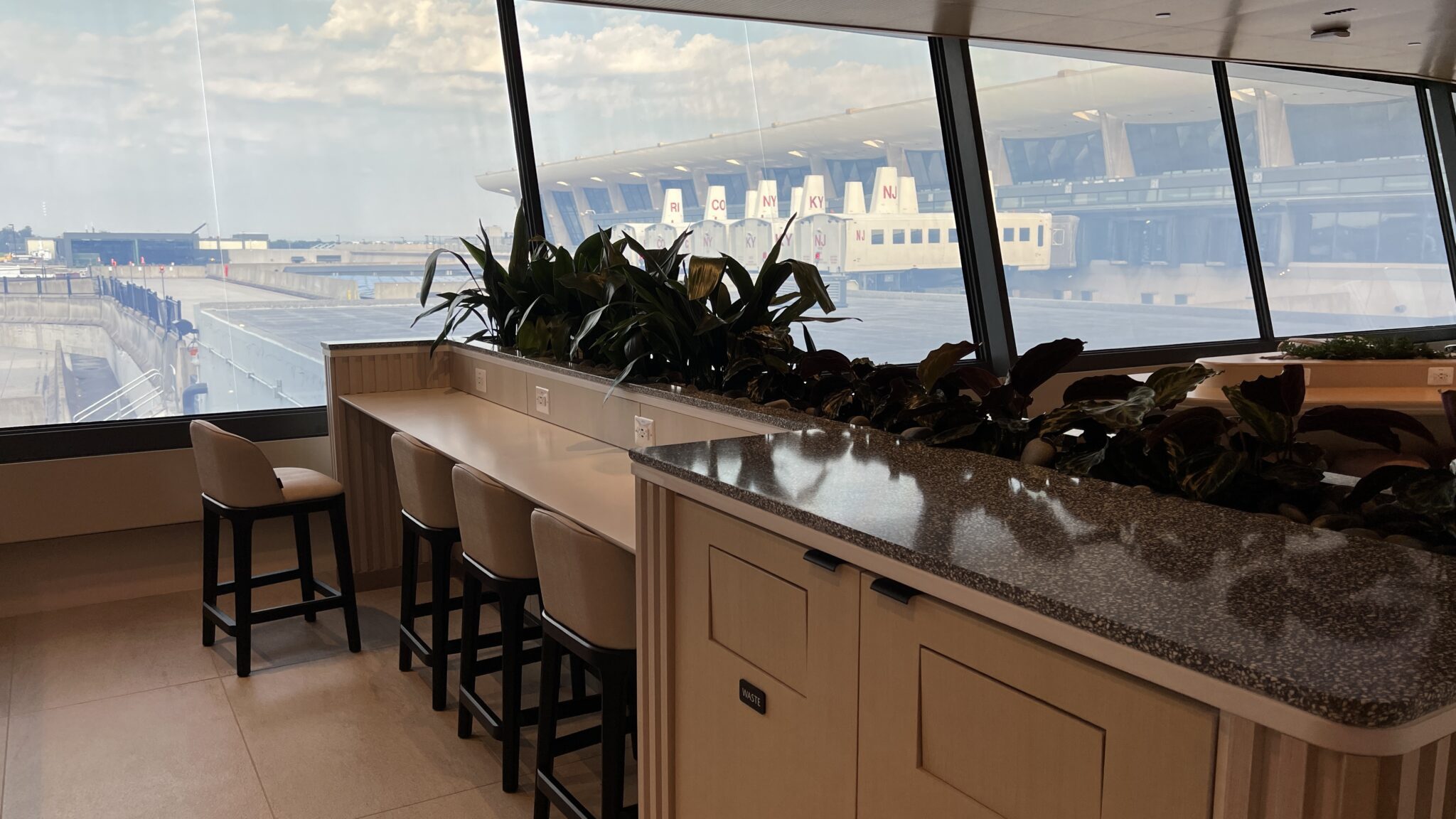 a bar with chairs and plants in front of a window
