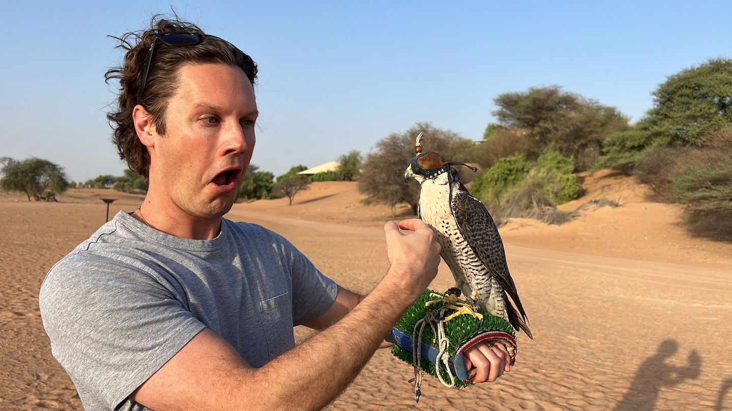 a man holding a bird on his hand