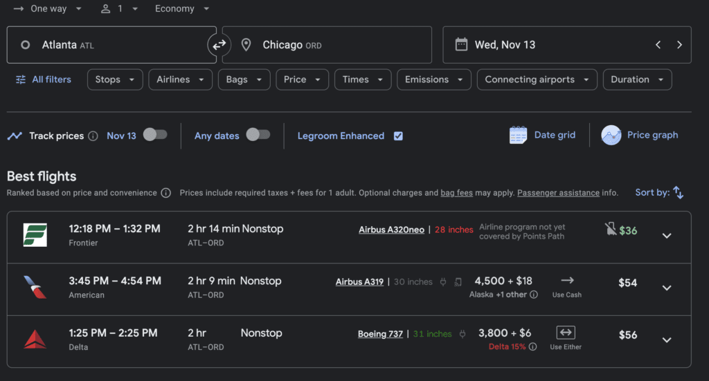 a screenshot of a flight schedule