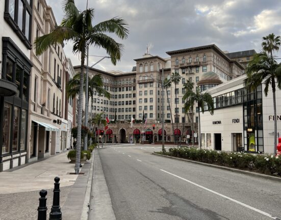 a street with buildings and palm trees