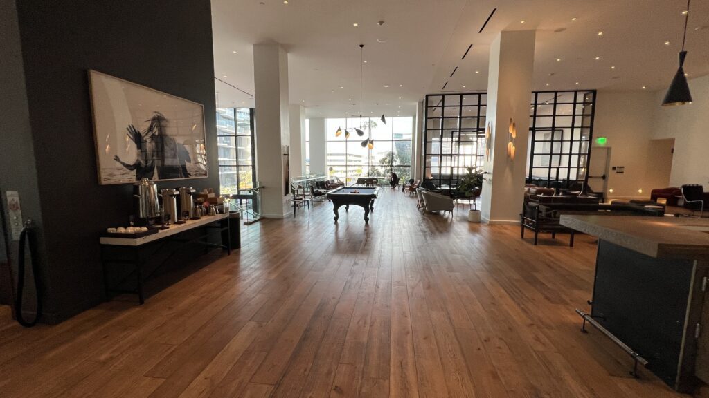 a pool table in a large room