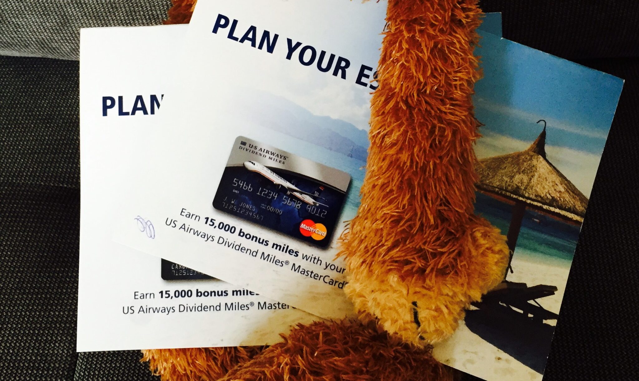 a stuffed animal with a credit card and a credit card on it