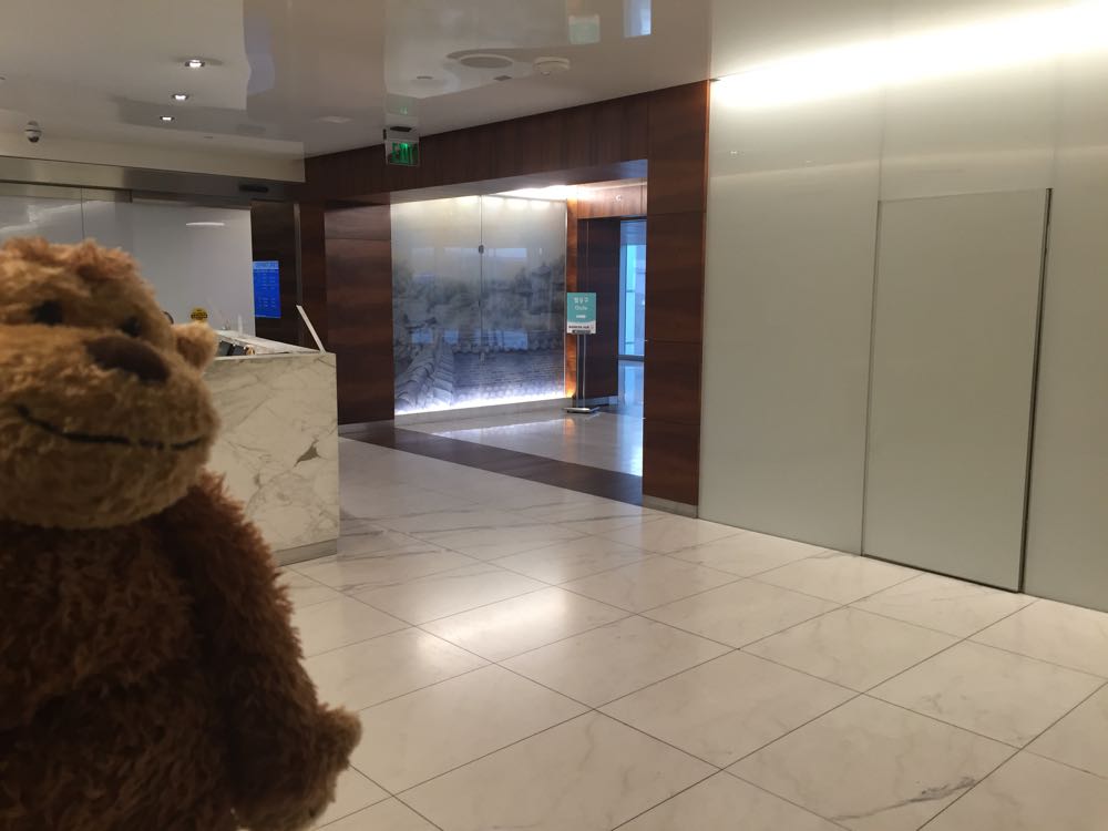 a stuffed animal in a lobby