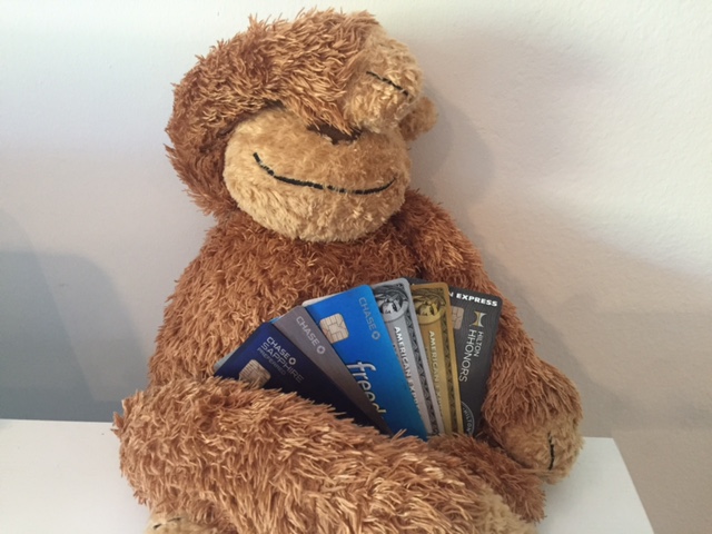 a stuffed monkey holding credit cards