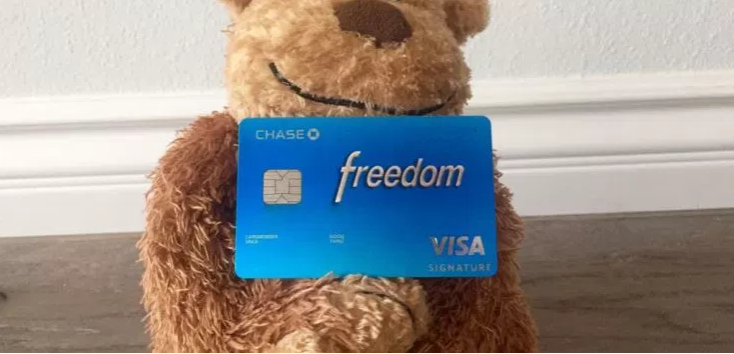 a teddy bear holding a credit card