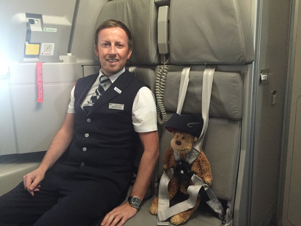 a man sitting in an airplane seat with a teddy bear