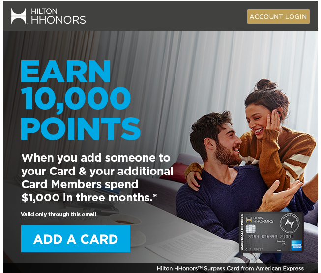 10,000 HHonors for Auth User on Amex Hilton Surpass