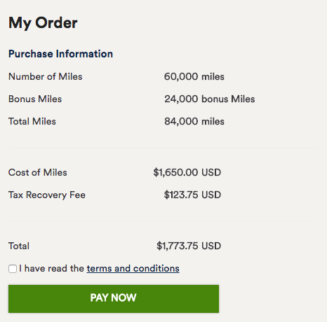 40% bonus on purchased Alaska Miles: $0.021 per point