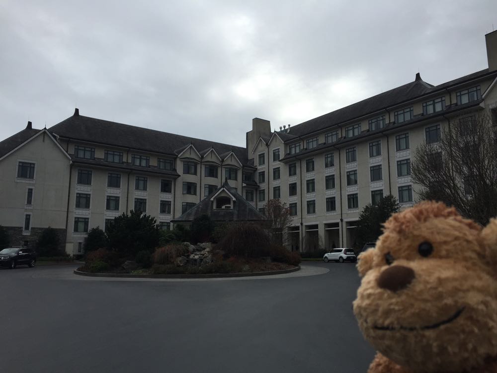 a stuffed animal in front of a large building
