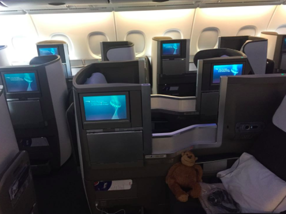 a row of seats with a teddy bear on the side