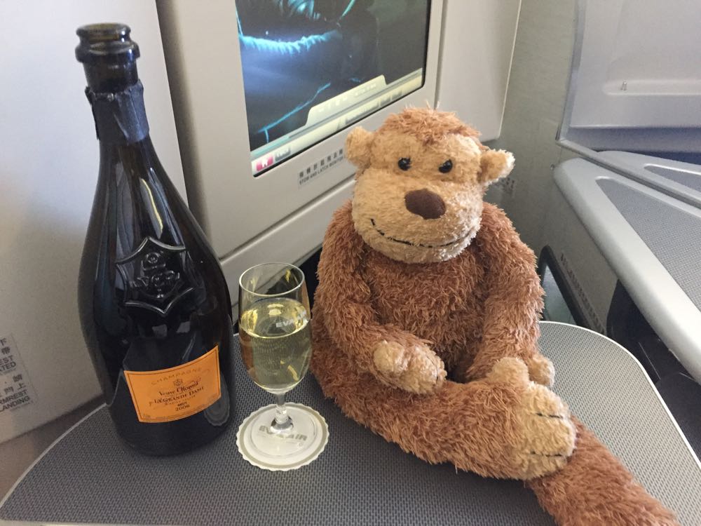 a stuffed animal sitting on a table with a bottle of champagne