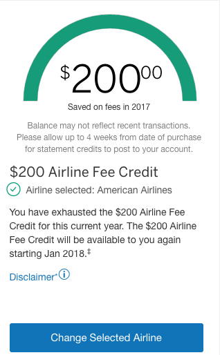 Amex Platinum $200 airline fee credited AA gift cards