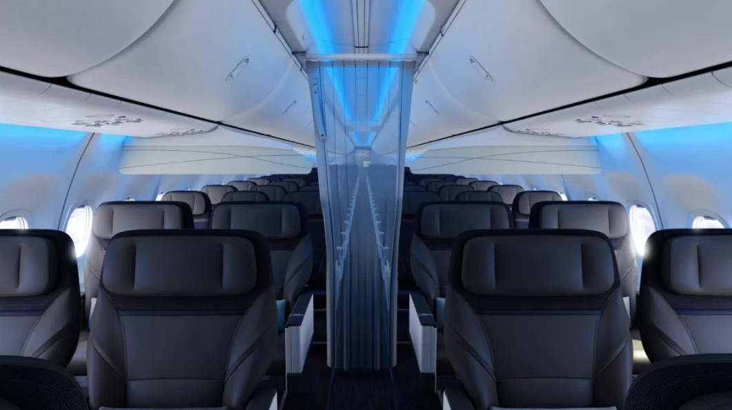 an airplane with seats and a blue light