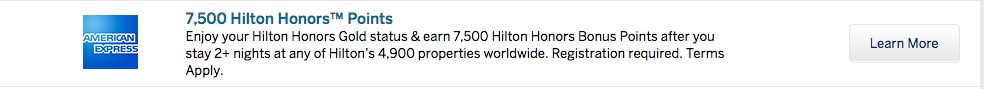 Earn 7500 Hilton Honors after 2 nights with Targeted Amex Offer