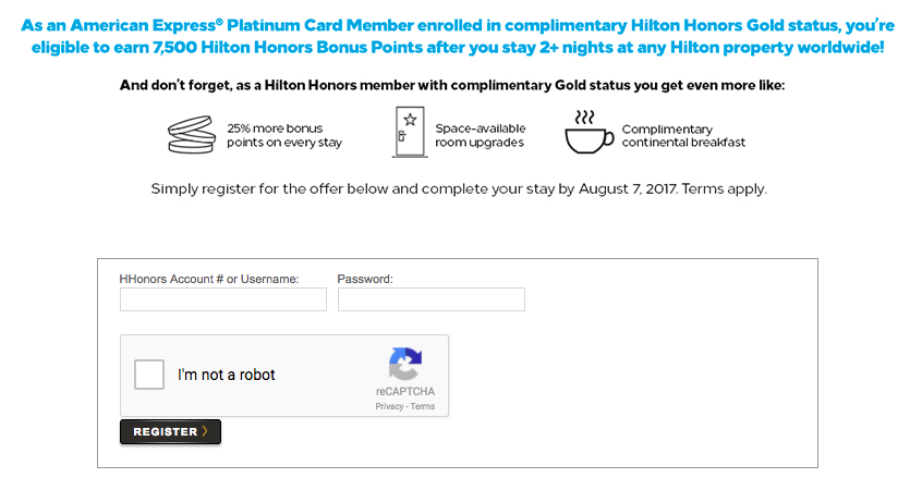 Earn 7500 Hilton Honors after 2 nights with Targeted Amex Offer