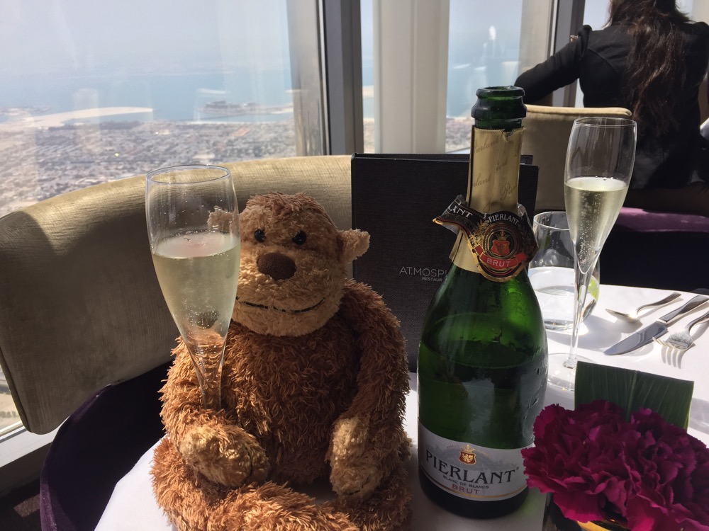 a stuffed animal and a bottle of champagne