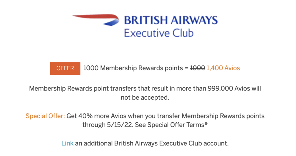 40 Amex Transfer Bonus to British Airways Avios = Book the best