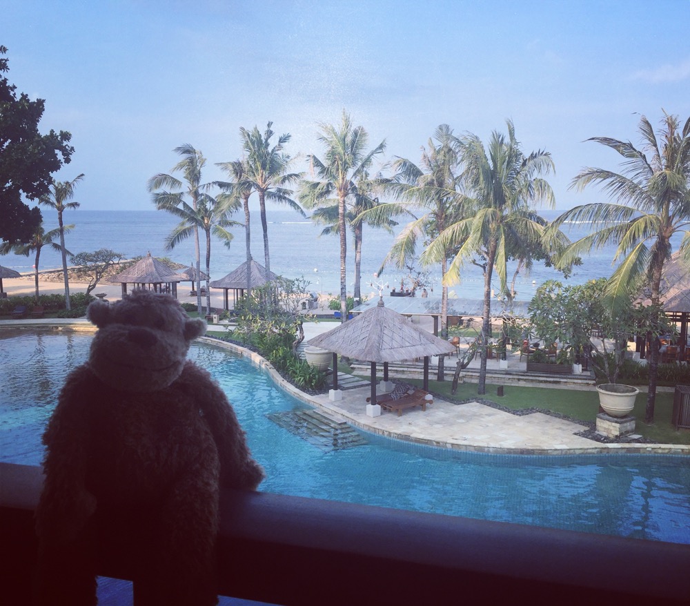 a teddy bear sitting on a railing next to a pool