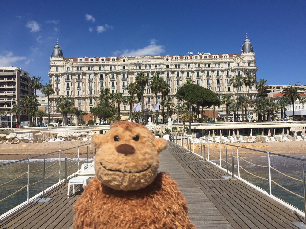 a stuffed animal on a dock with a large building in the background
