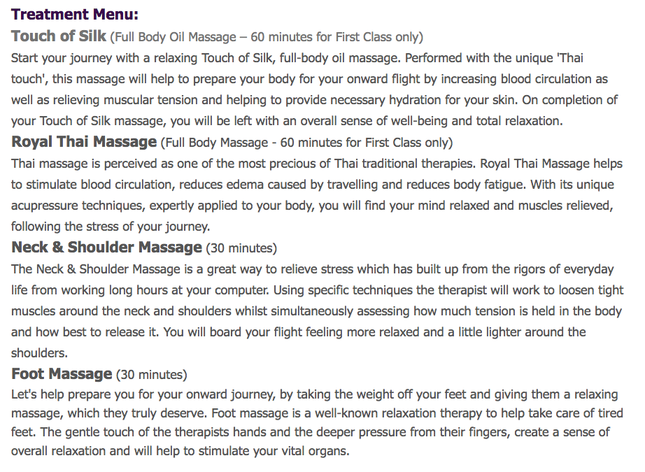 a screenshot of a massage menu
