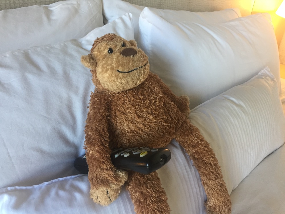 a stuffed monkey holding a remote control