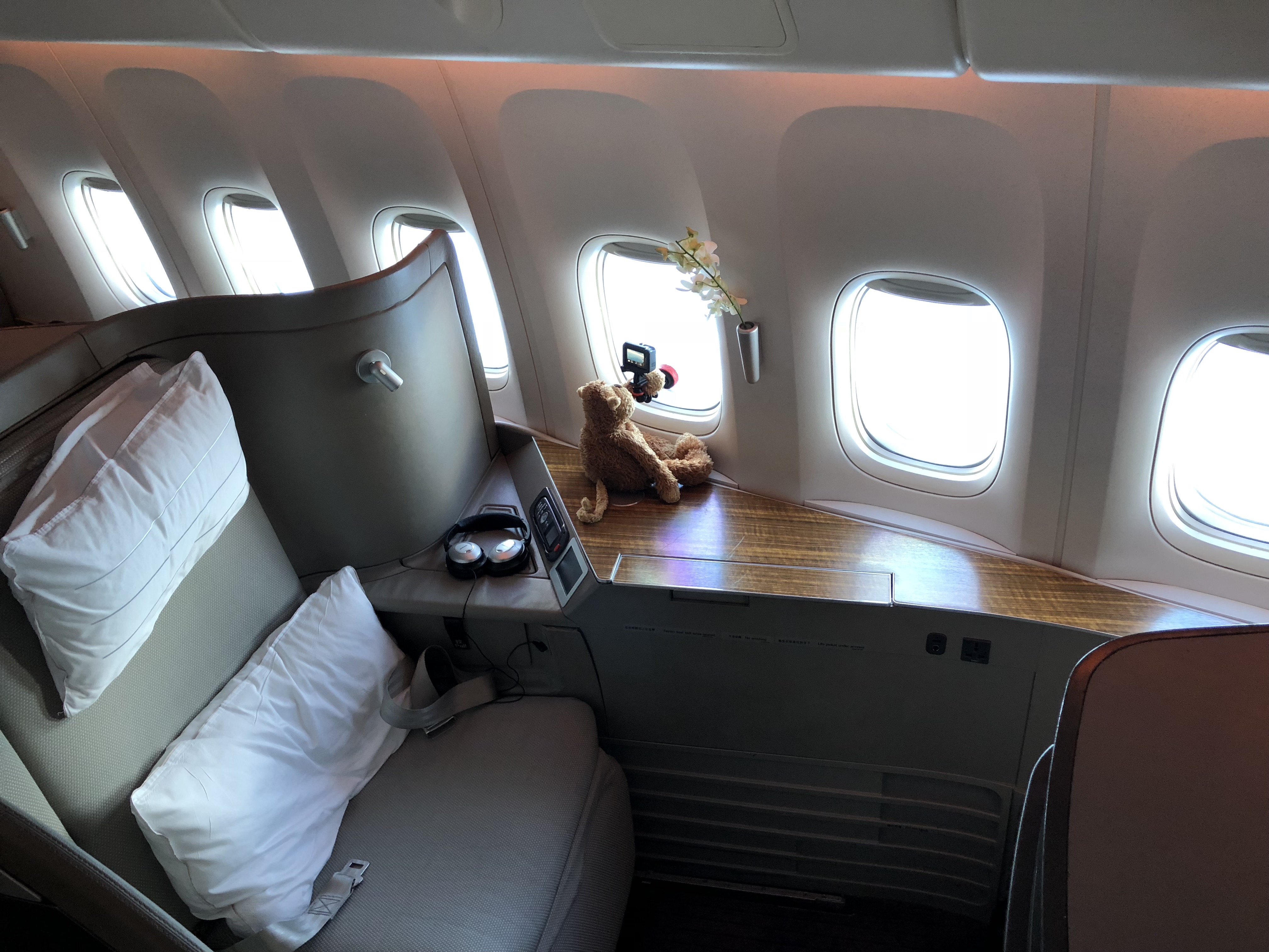 a stuffed animal on a table in an airplane