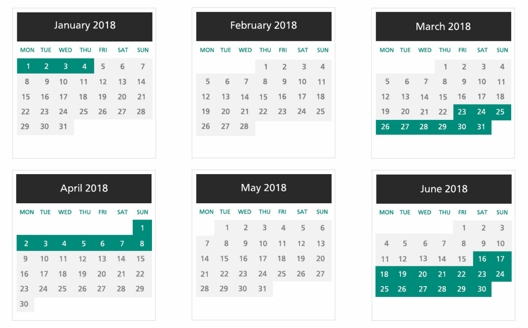 a calendar with green and black text