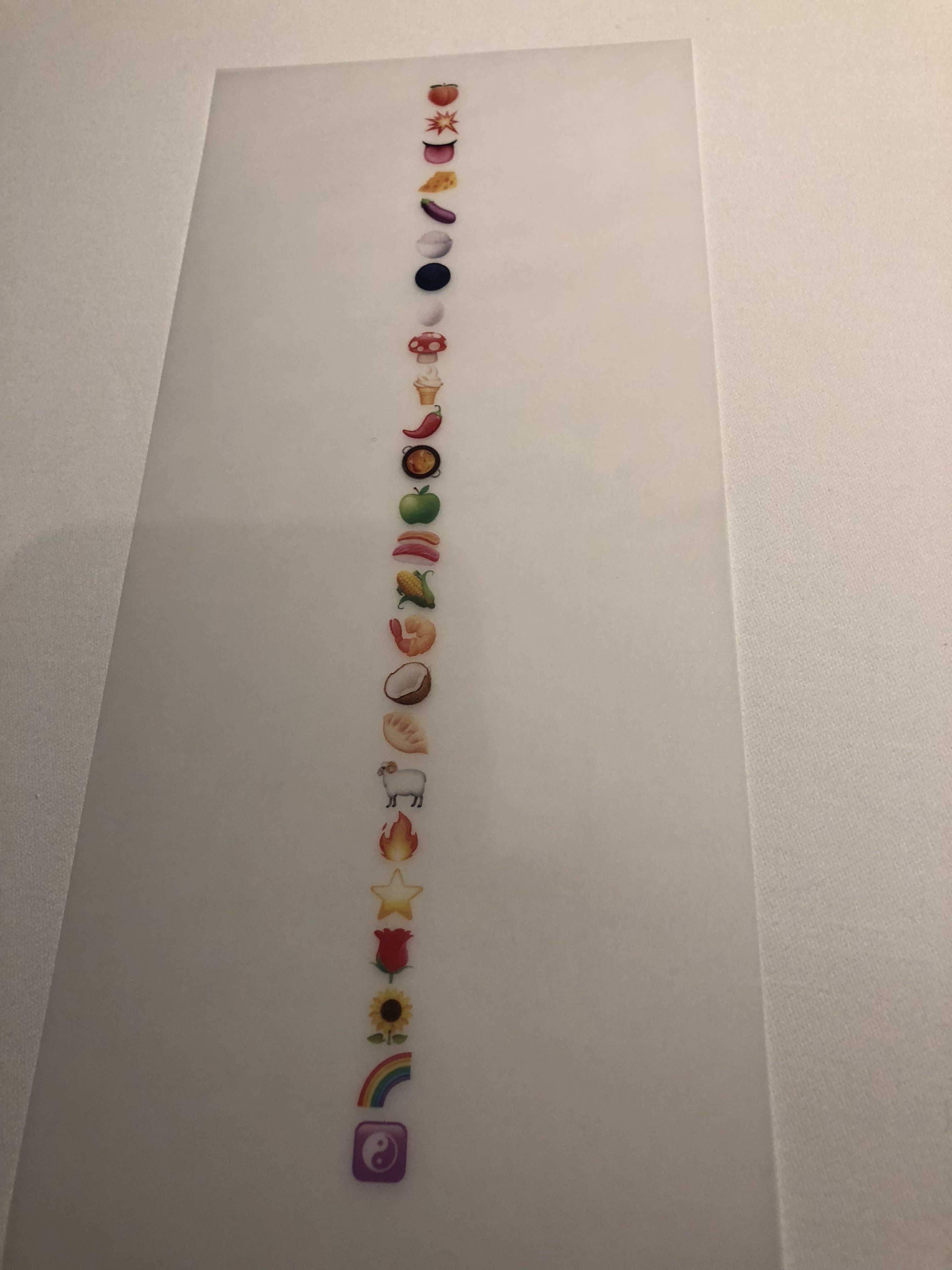 a line of food stickers on a white surface
