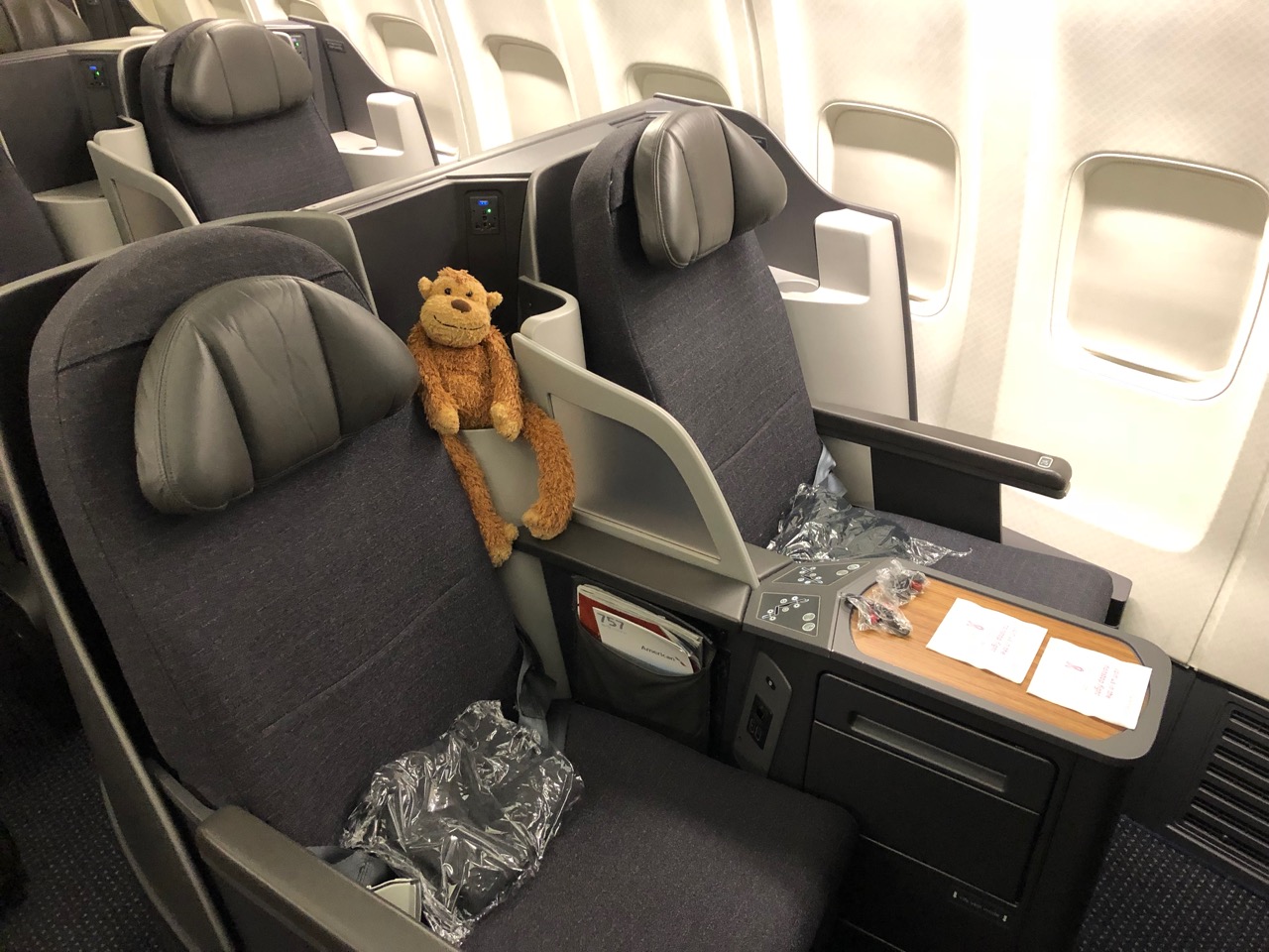 a stuffed animal on the seats of an airplane
