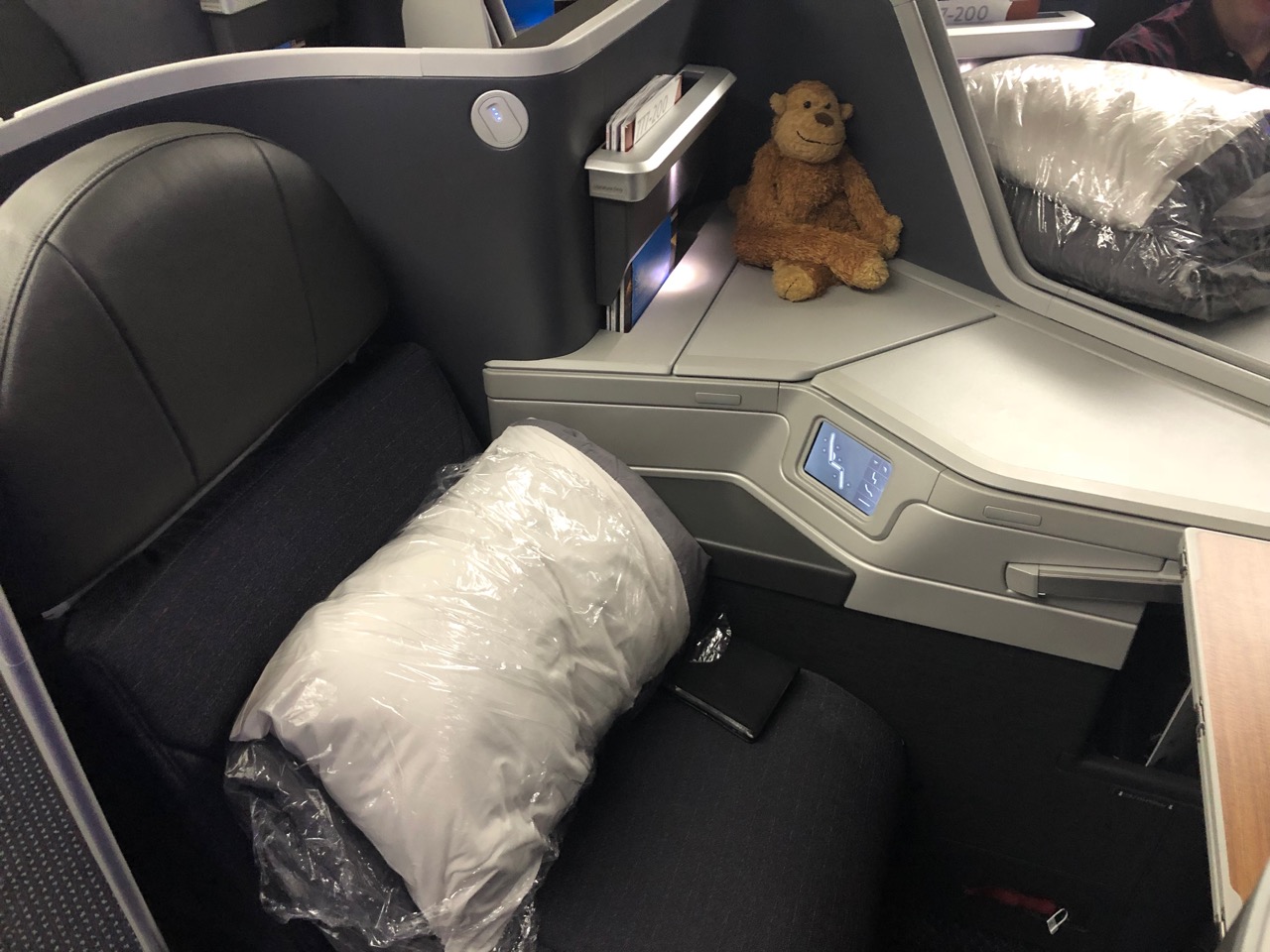 a stuffed animal on the seat of a plane