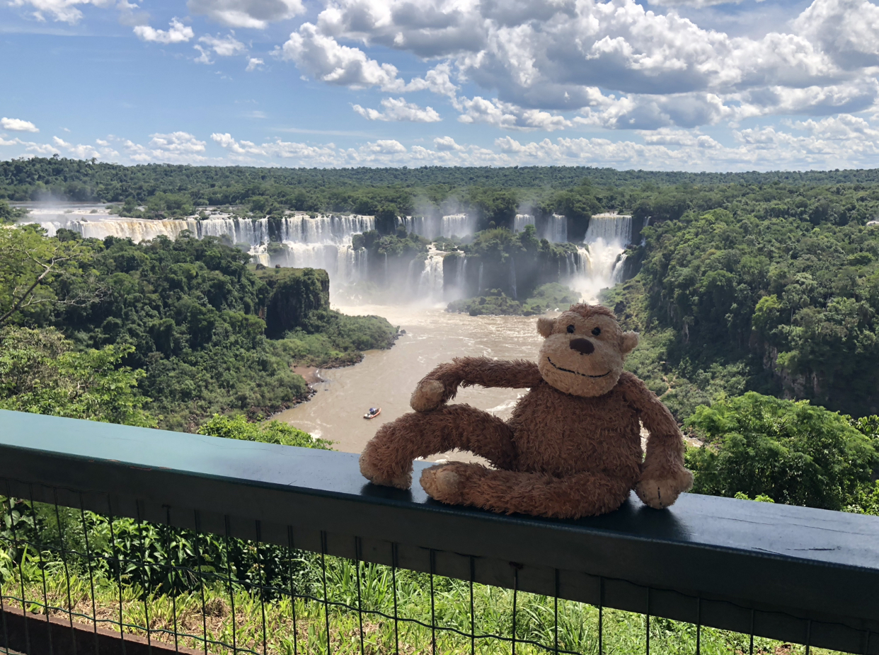 a stuffed animal on a railing overlooking a waterfall