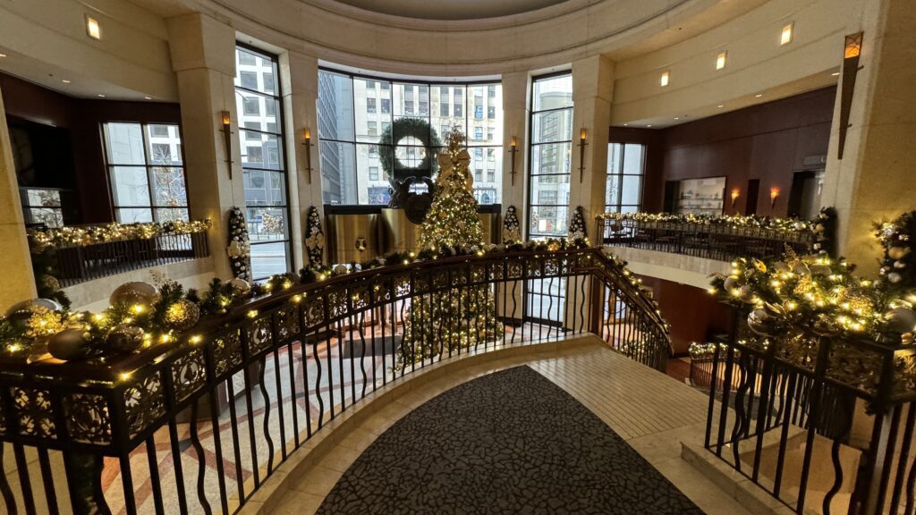 a large building with a decorated tree