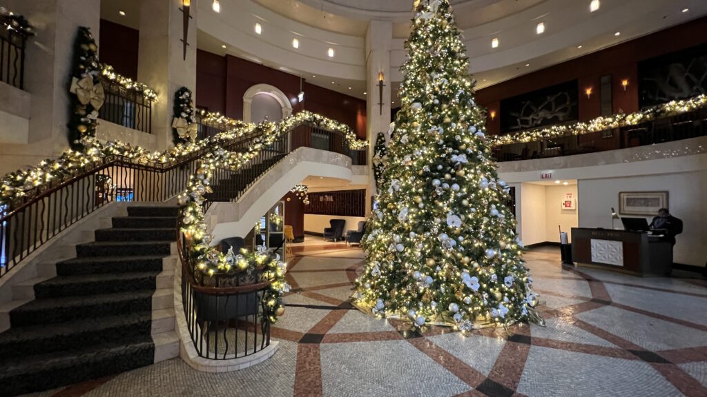 a large christmas tree in a building