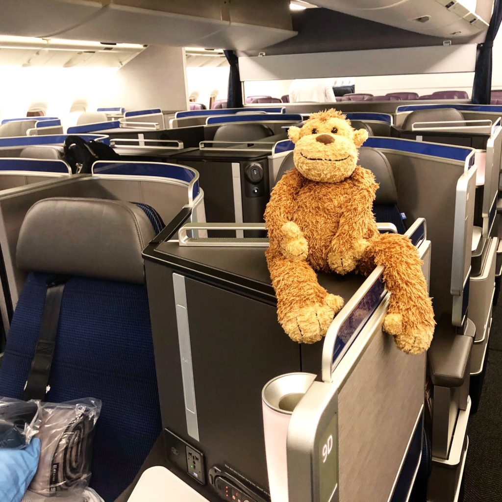 a stuffed animal on a seat in an airplane