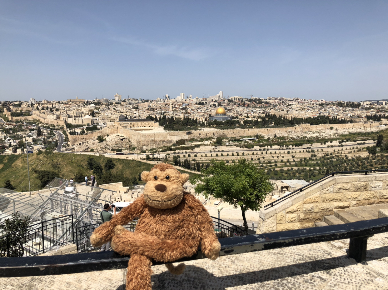a stuffed animal sitting on a railing overlooking Mount of Olives