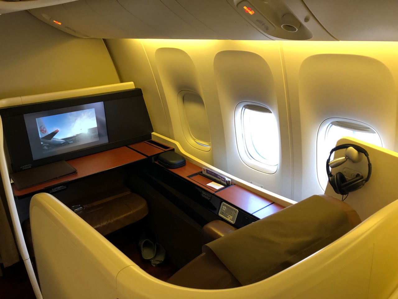 a desk in an airplane