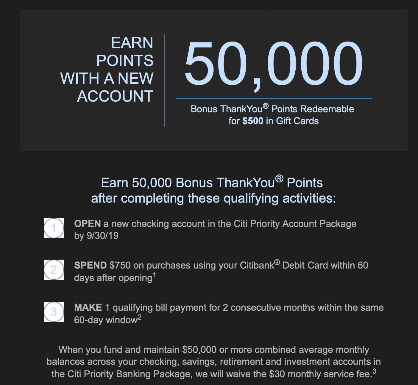 Earn 50k Citi Thank You points with Citi Priority Checking