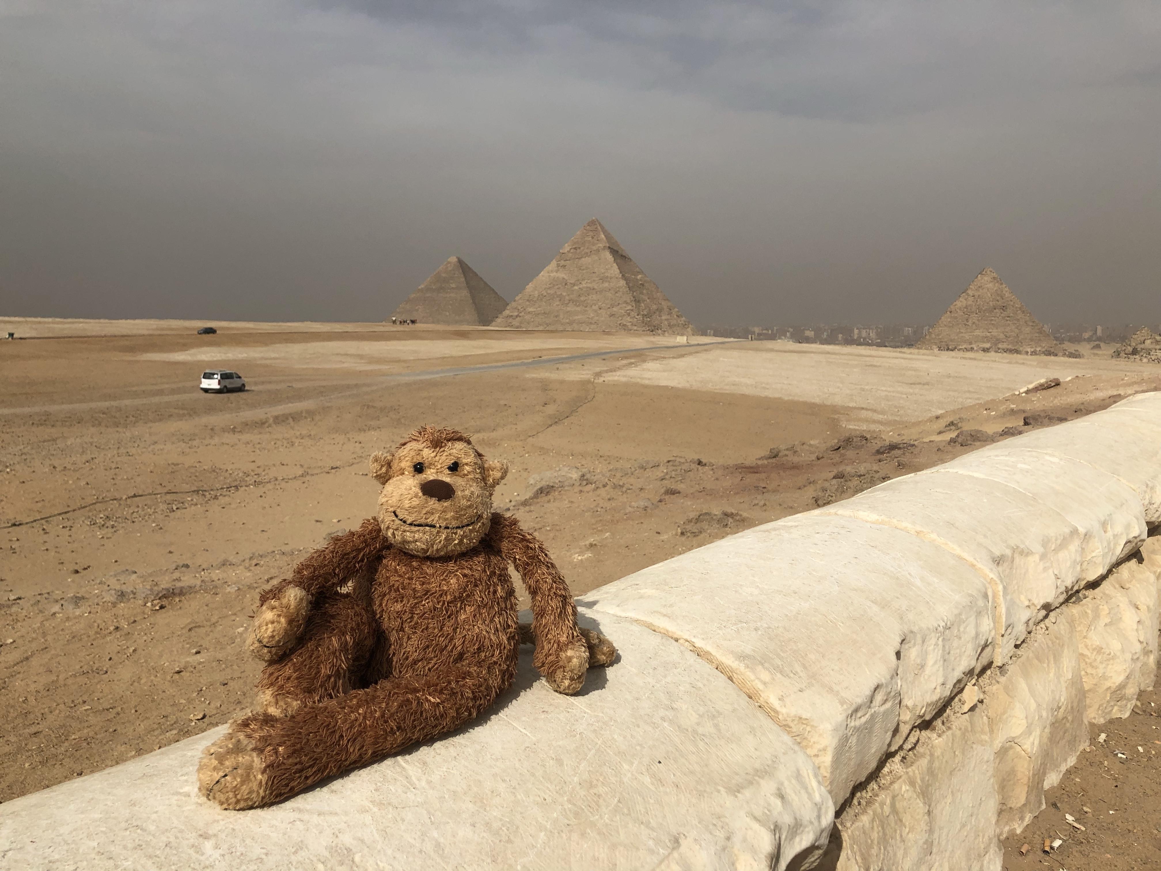 a stuffed animal sitting on a ledge in front of a pyramid
