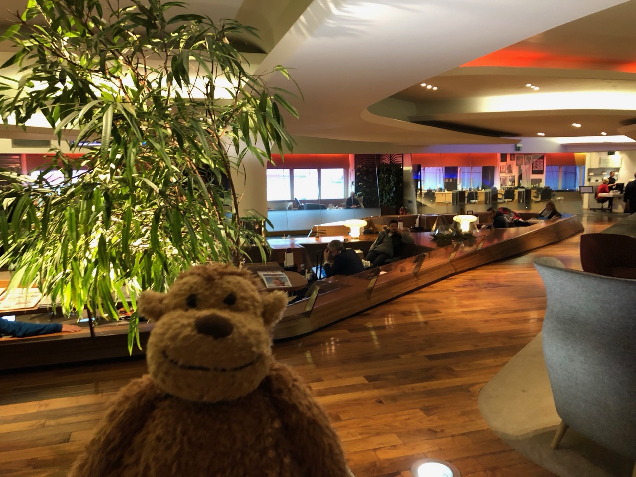 a stuffed monkey in a lobby