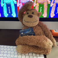 a stuffed monkey holding a credit card