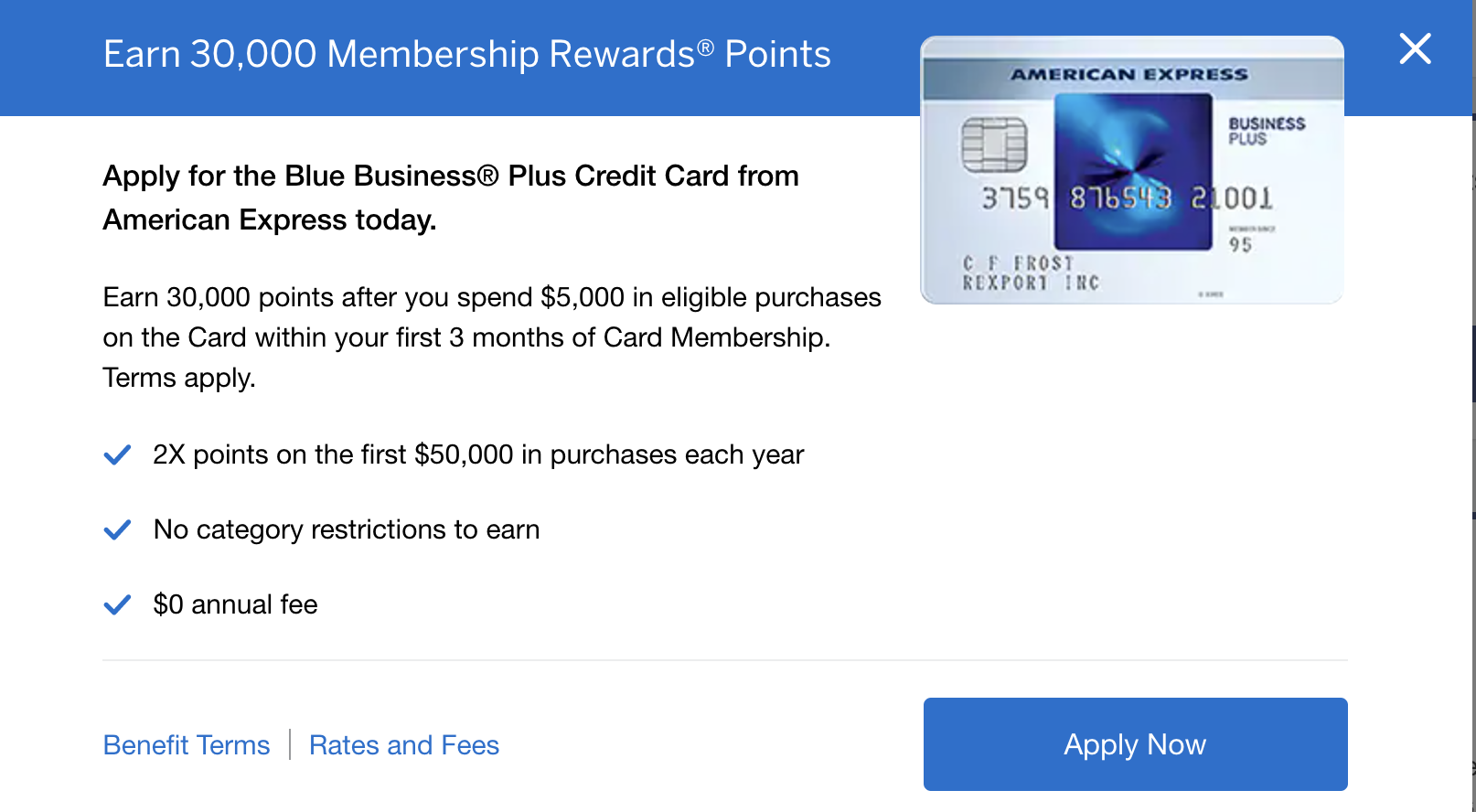 American Express Blue Business Plus highest offer 30k