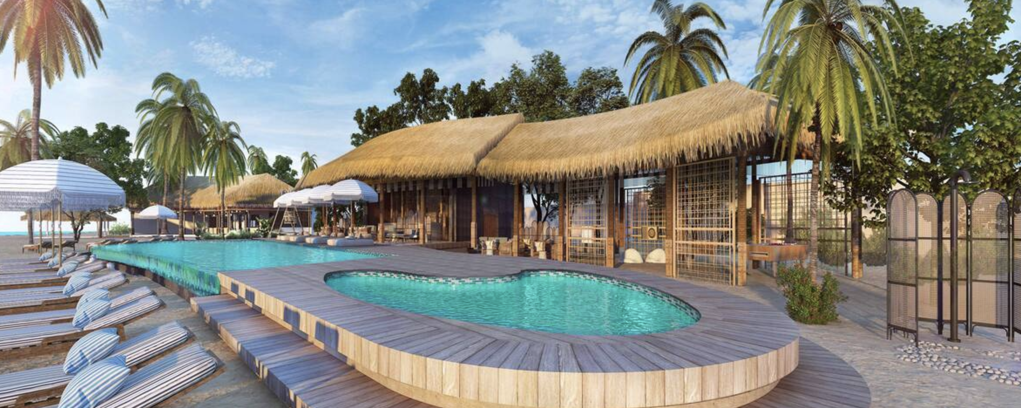 a swimming pool with a thatched roof